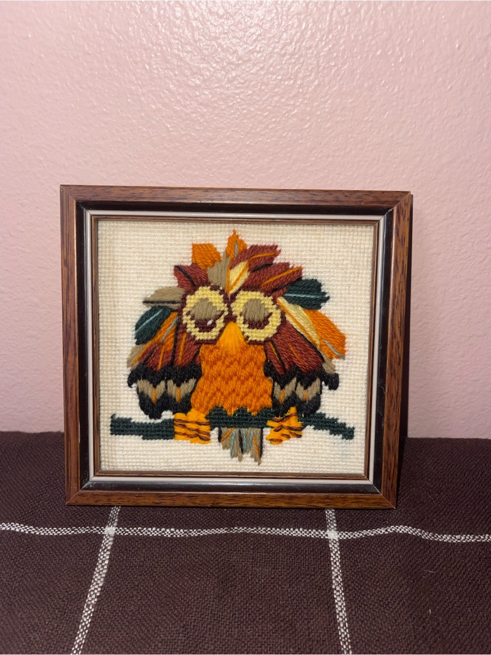 Crewel Embroidery Owl Framed Wall Art Rustic Wood Frame Boho Decor Vintage